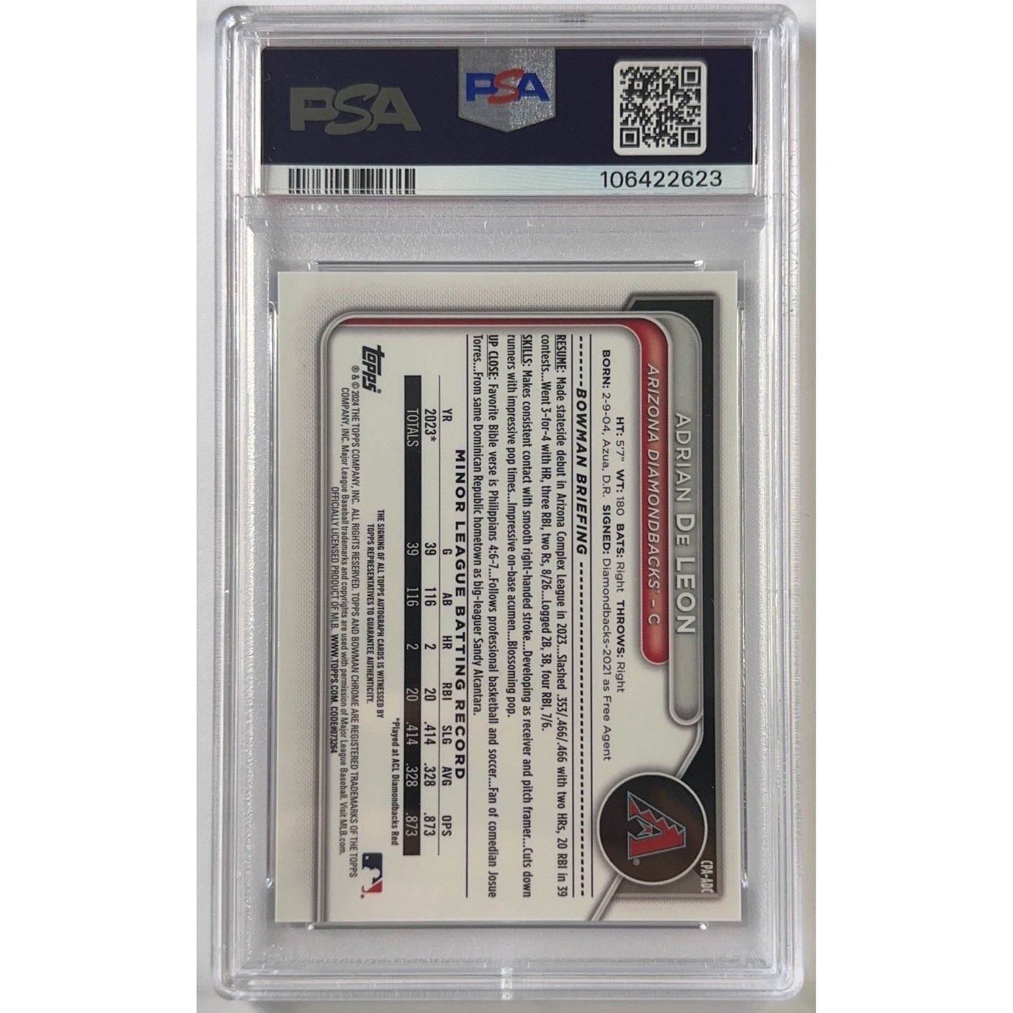2024 Bowman Chrome Adrian De Leon Prospect Auto Blue Refractor /150 PSA 7 NM | Local Legends Cards & Collectibles