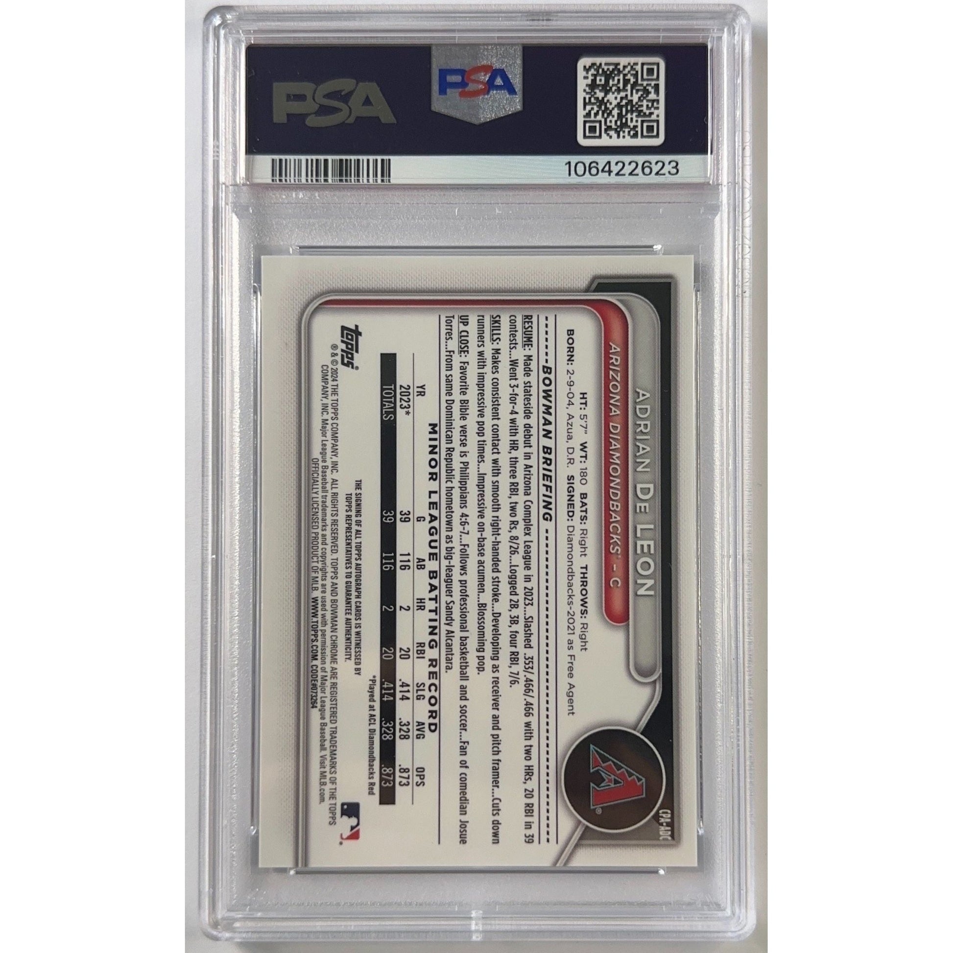 2024 Bowman Chrome Adrian De Leon Prospect Auto Blue Refractor /150 PSA 7 NM | Local Legends Cards & Collectibles