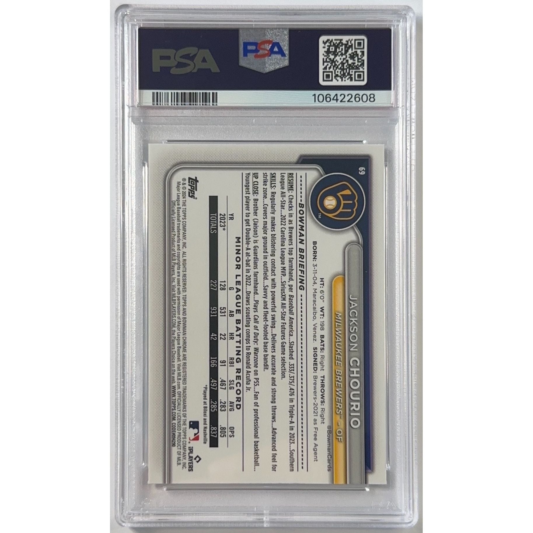 2024 Bowman Chrome M/B Jackson Chourio 1st Bowman Refractor PSA 9 MINT | Local Legends Cards & Collectibles