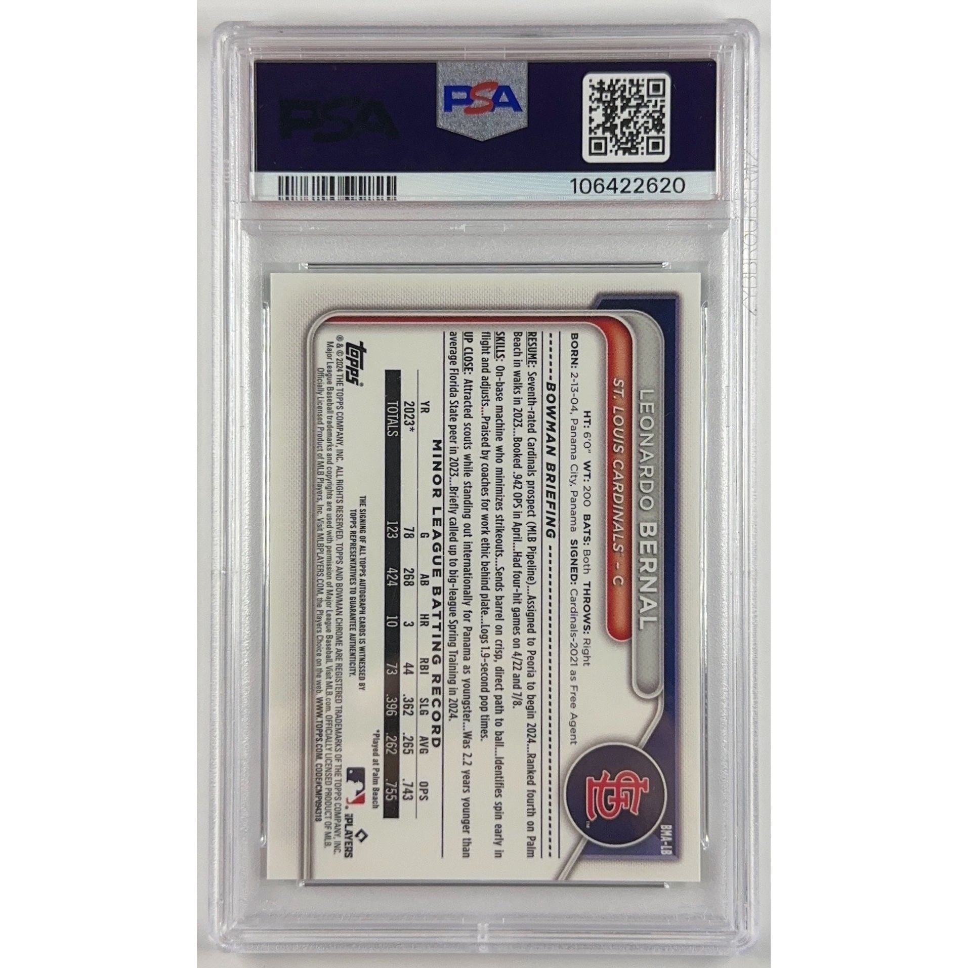 2024 Bowman Chrome Leonardo Bernal M/B Auto Green Refractor /99 PSA 10 GEM MINT | Local Legends Cards & Collectibles