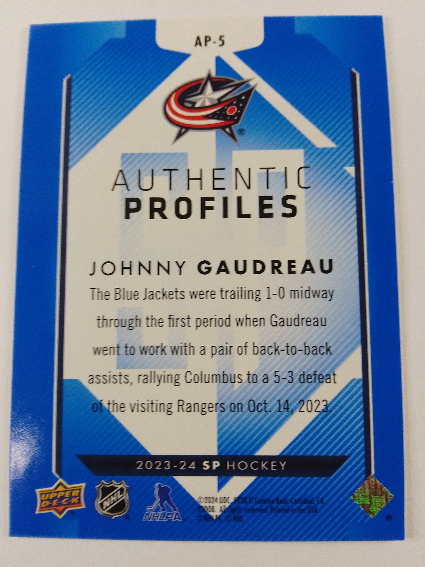 2023-24 SP Johnny Gaudreau Authentic Profiles Blue