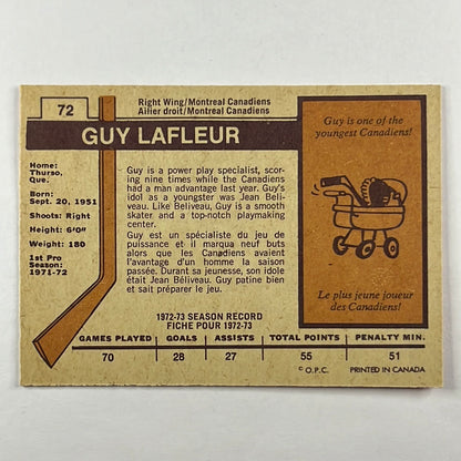 1973-74 O-Pee-Chee Guy Lafleur #72