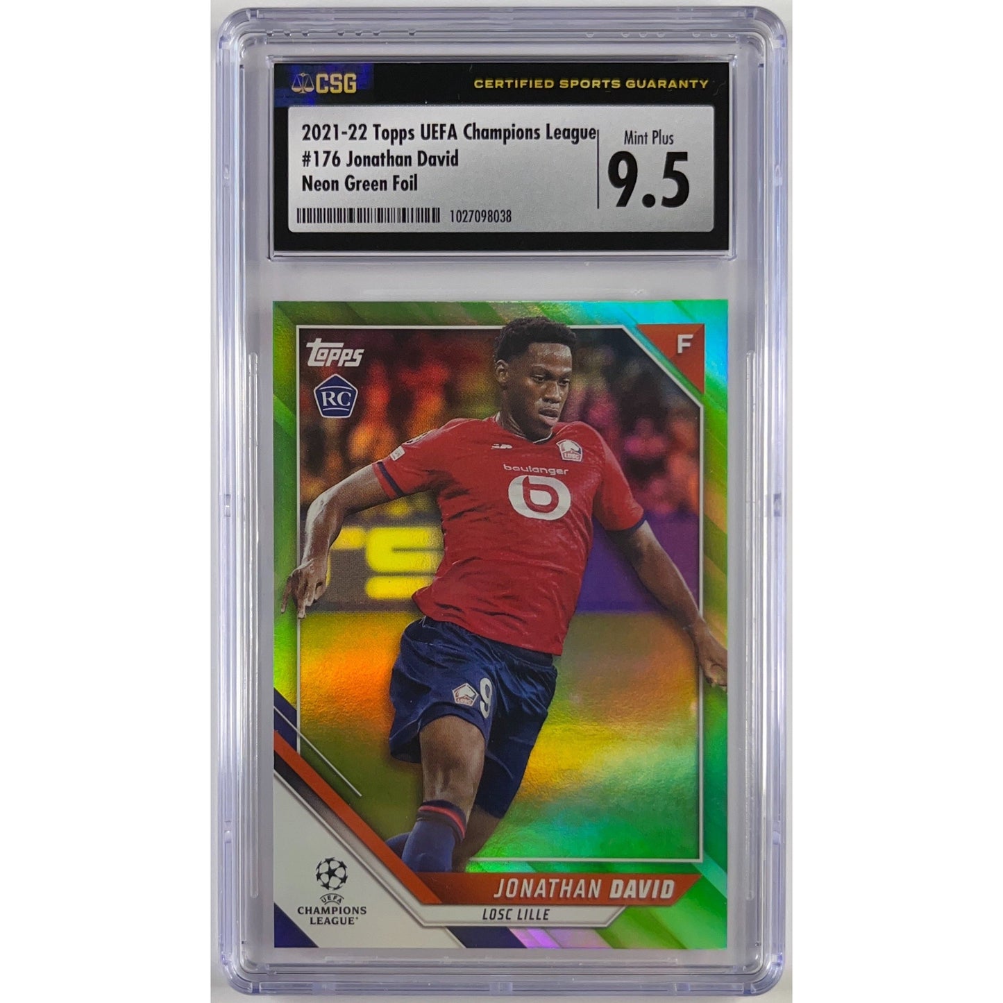 2021-22 Topps UEFA Champions League Jonathan David Neon Green Foil RC CSG 9.5 MINT PLUS