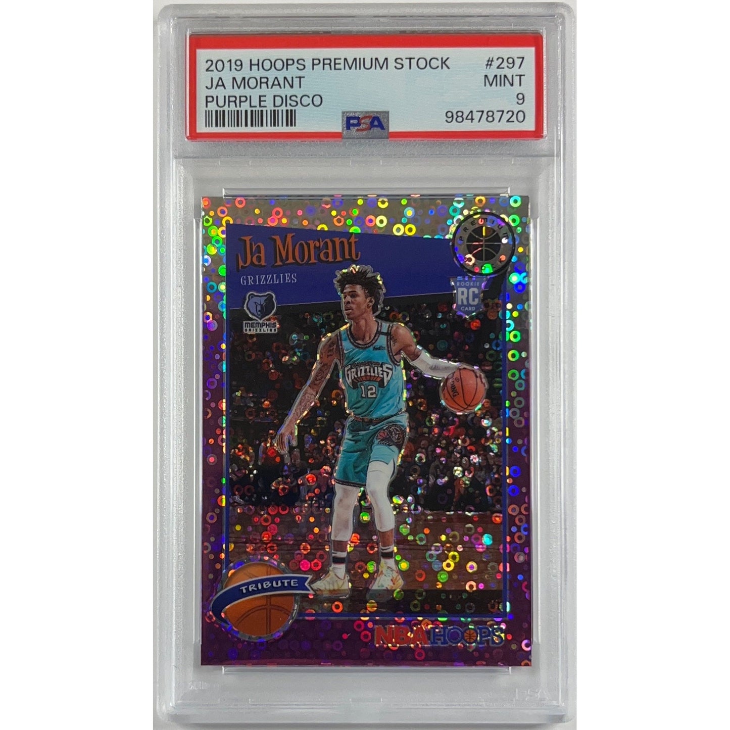 2019-20 Hoops Premium Stock Ja Morant Purple Disco Throwback Tribute RC