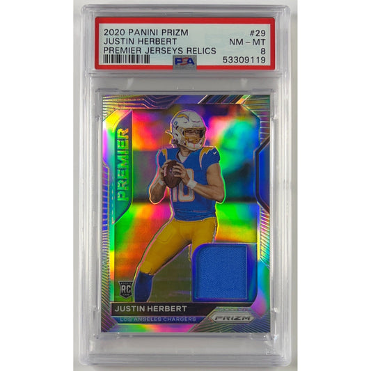 2020 Panini Prizm Justin Herbert Premier Jersey Relics Prizm RC PSA 8 NEAR MINT - MINT