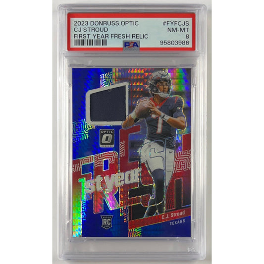 2023 Donruss Optic CJ Stroud 1st Year Fresh Relic Blue Hyper RC PSA 8 NEAR MINT - MINT