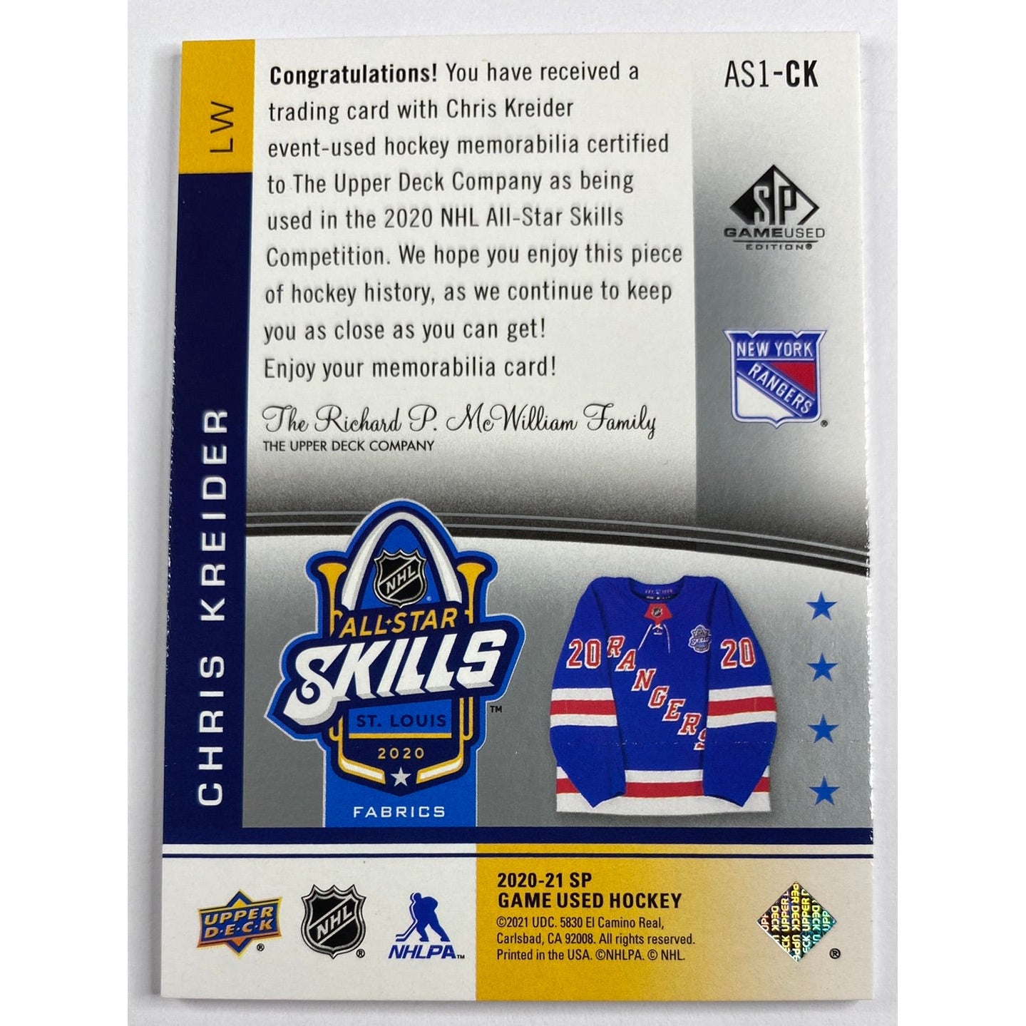 2020-21 SP Game Used Chris Kreider All Star Skills Fabrics