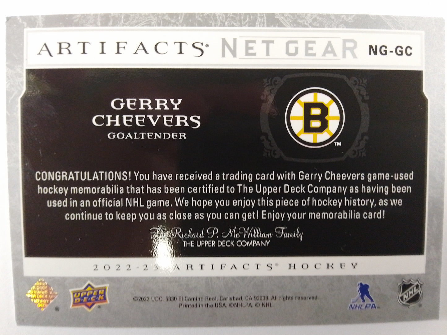 2022-23 Artifacts Net Gear Jersey Patch Gerry Cheevers