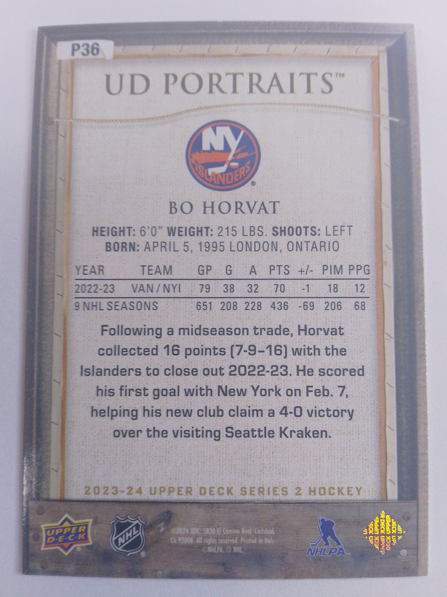 2023-24 Series 2 Bo Horvat UD Portraits