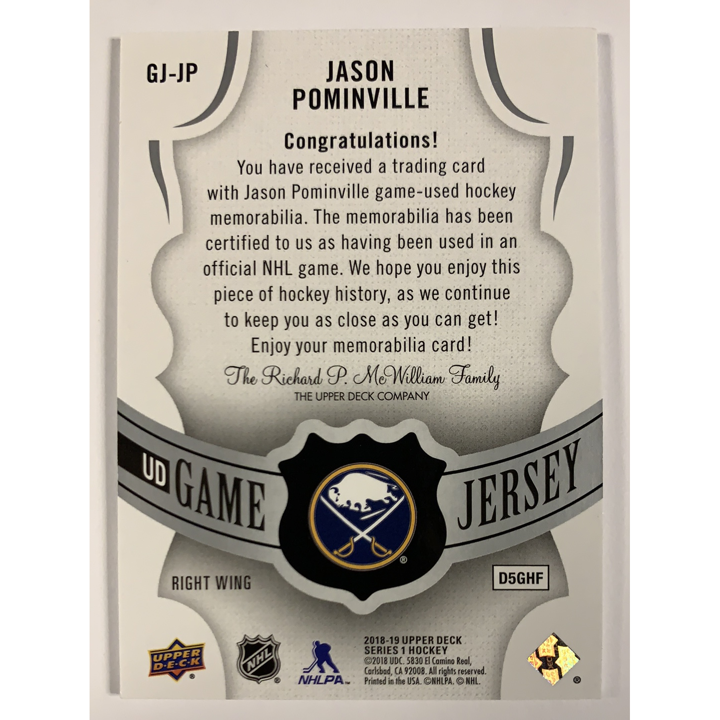  2018-19 Upper Deck Jason Pominvile Game Jersey  Local Legends Cards & Collectibles