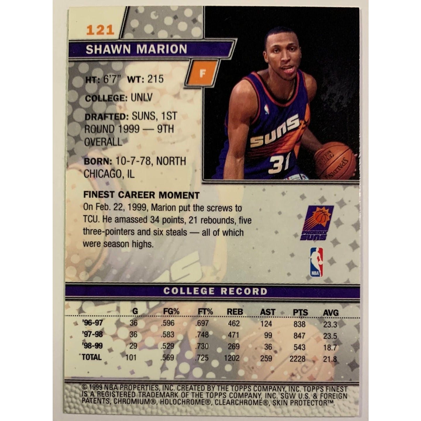 1999-00 Topps Finest Shawn Marion Finest Rookies