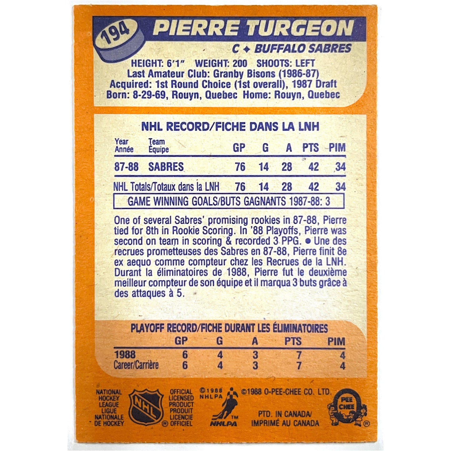 1988-89 O-Pee-Chee Pierre Turgeon RC