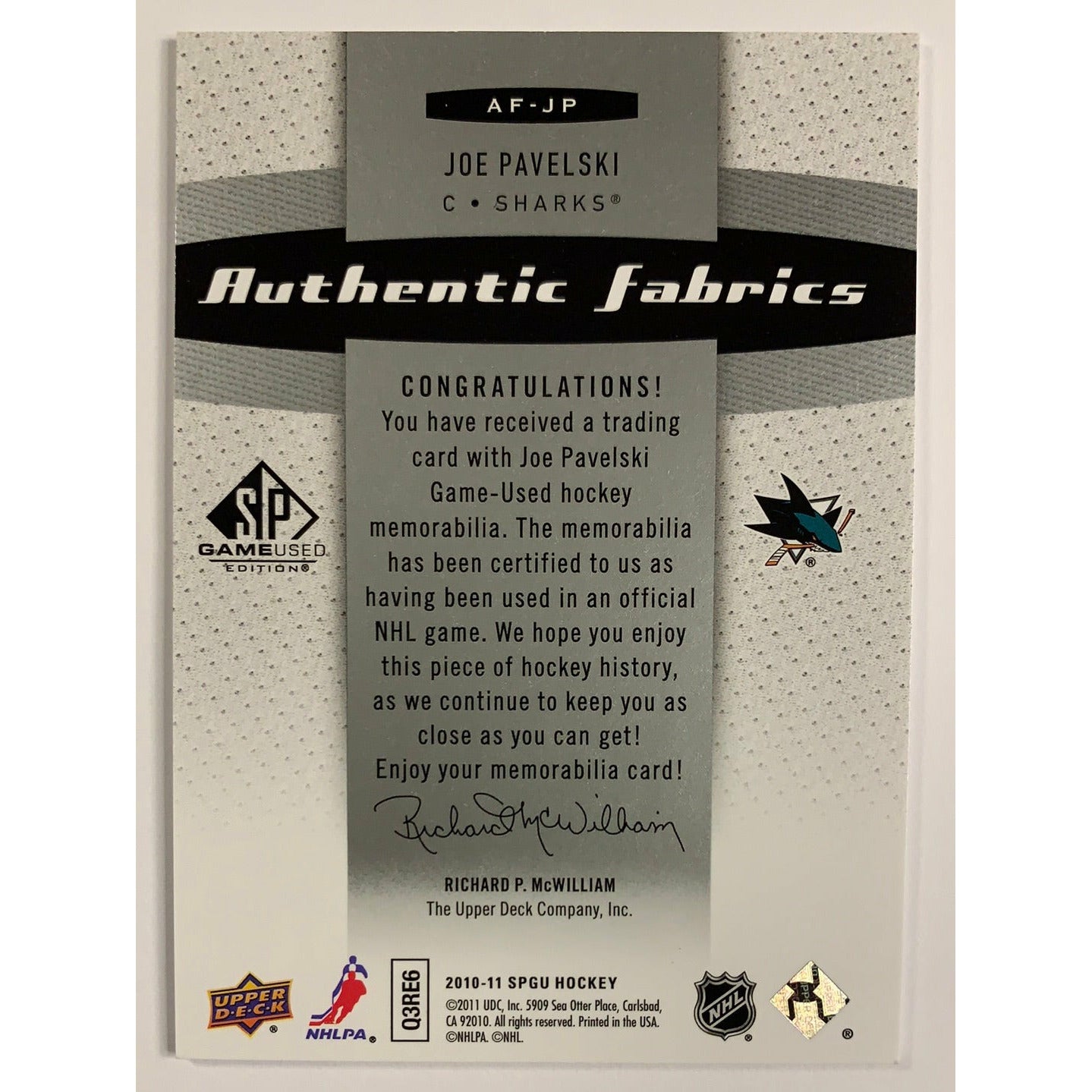 2010-11 SP Game Used Joe Pavelski Authentic Fabrics Patch