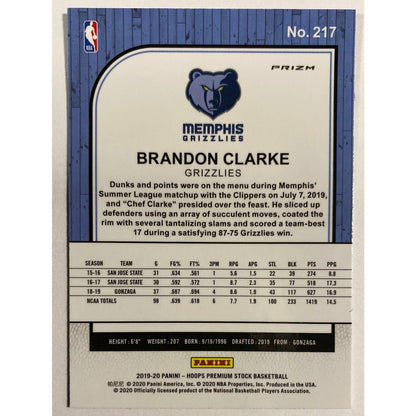 2019-20 Hoops Premium Stock Brandon Clarke Blue Cracked Ice Prizm RC