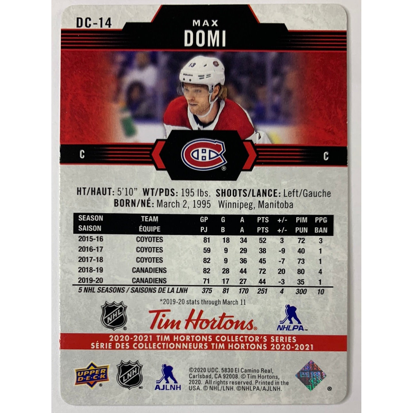 2020-21 Tim Hortons Max Domi Red Die Cut