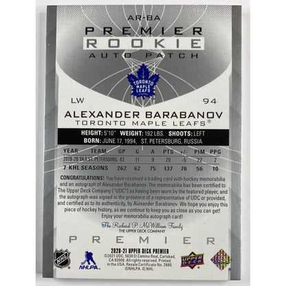 2020-21 Upper Deck Premier Alexander Barabanov Premier Rookie Auto Patch /249