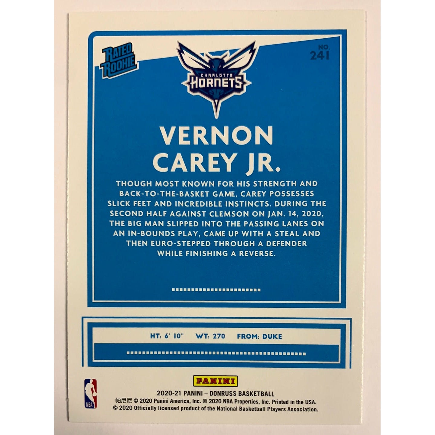 2020-21 Donruss Vernon Carey Jr Orange Laser Rated Rookie | Local Legends Cards & Collectibles