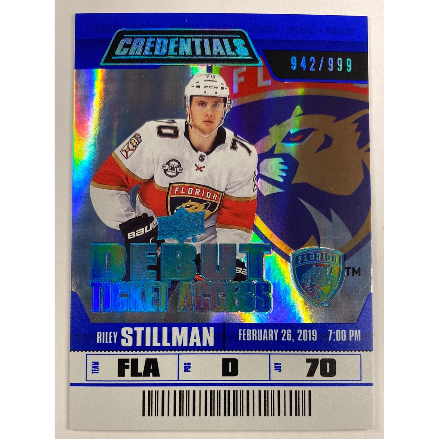 2019-20 Upper Deck Credentials Riley Stillman Debut Ticket Access /999