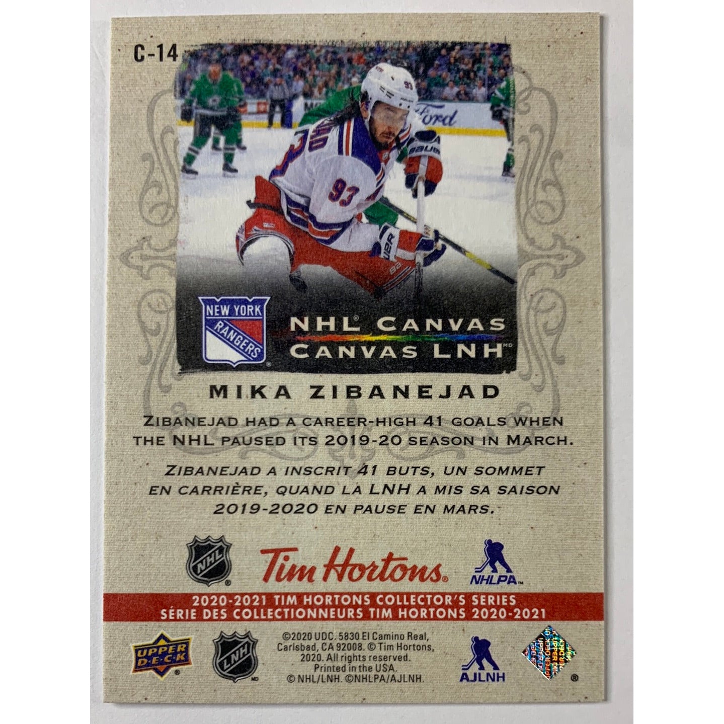 2020-21 Tim Hortons Mika Zibanejad Canvas | Local Legends Cards & Collectibles