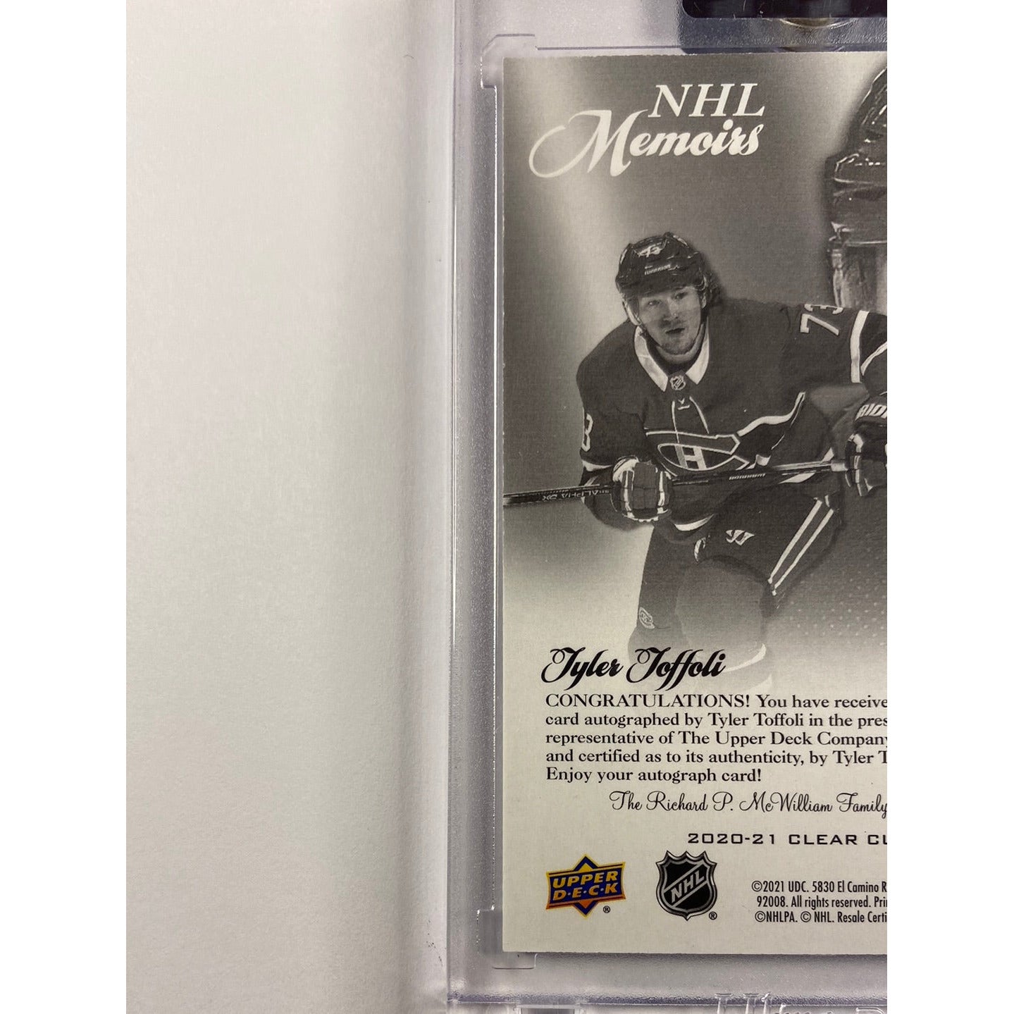 2020-21 Clear Cut Tyler Toffoli NHL Memoirs Auto