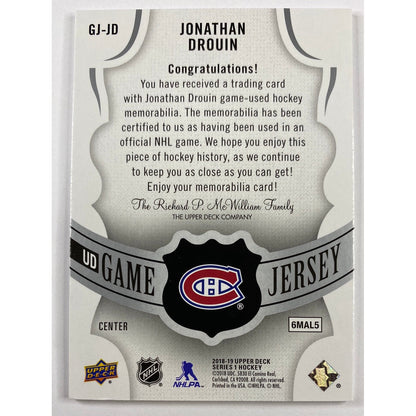 2018-19 Upper Deck Series 2 Jonathan Drouin UD Game Jersey