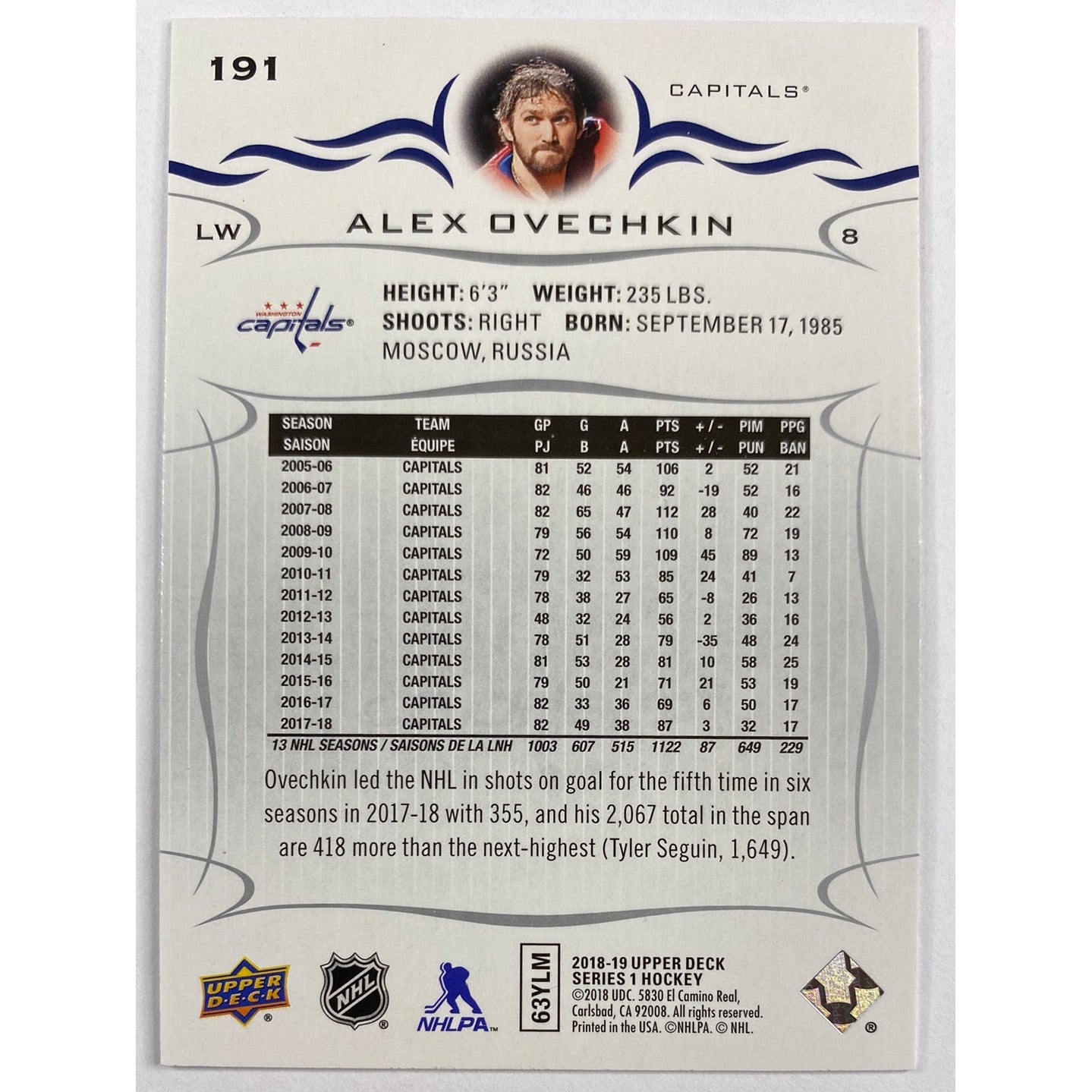 2018-19 Upper Deck Series 1 Alex Ovechkin