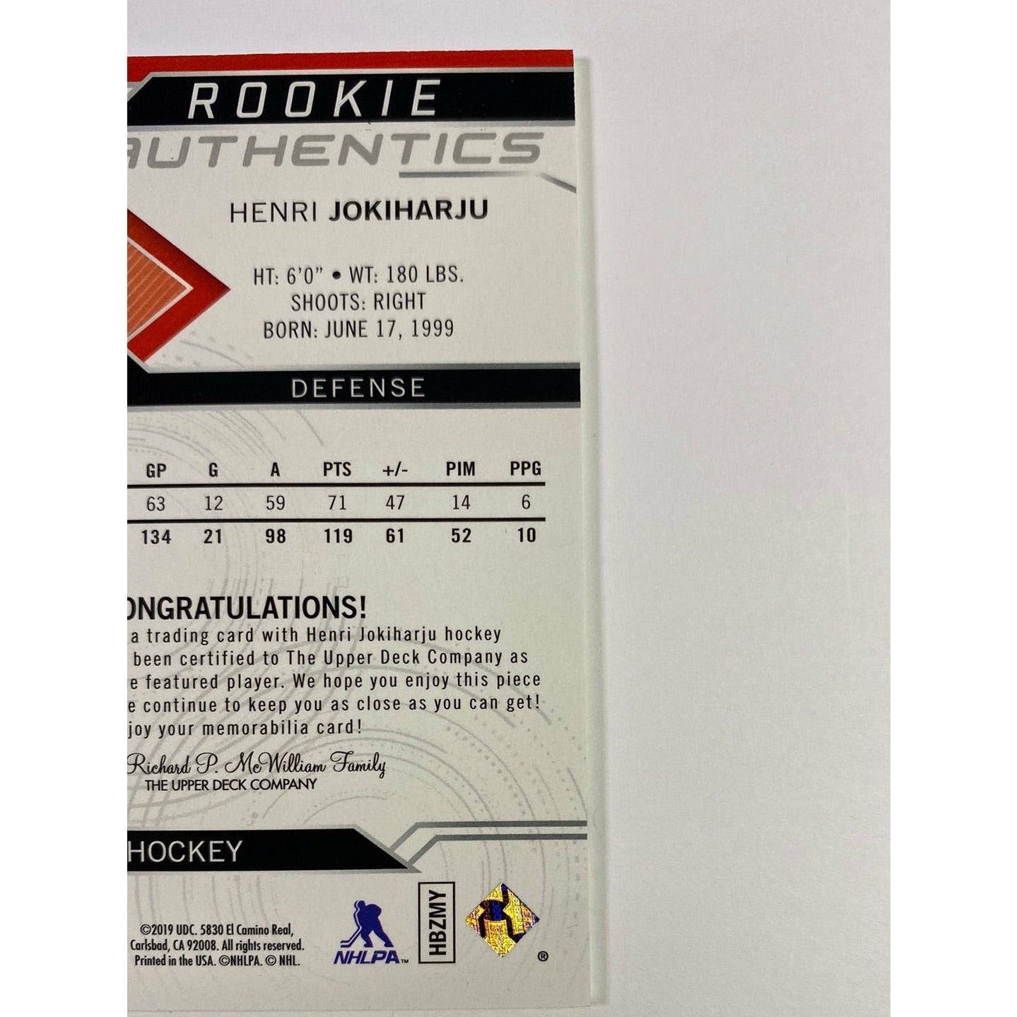 2018-19 SP Henri Jokiharju Rookie Authentics