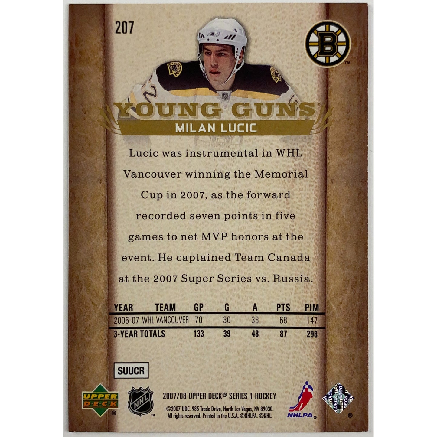 2007-08 Upper Deck Series 1 Milán Lucic Young Guns