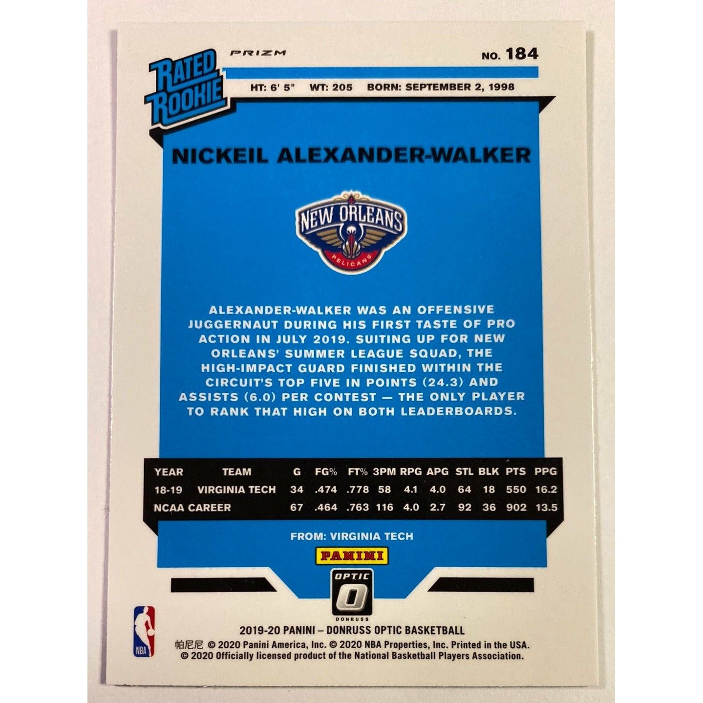 2019-20 Donruss Optic Nickeil Alexander-Walker Purple Holo Prizm Rated Rookie