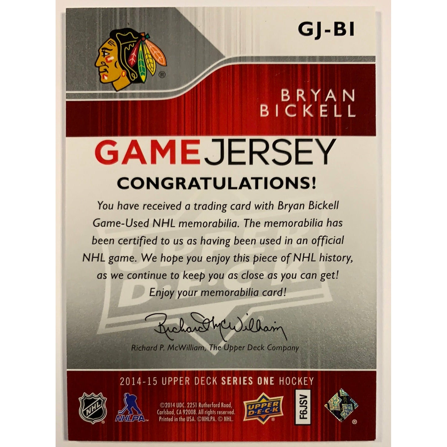 2014-15 Upper Deck Series 1 Bryan Bickell (Bloody) Game Jersey