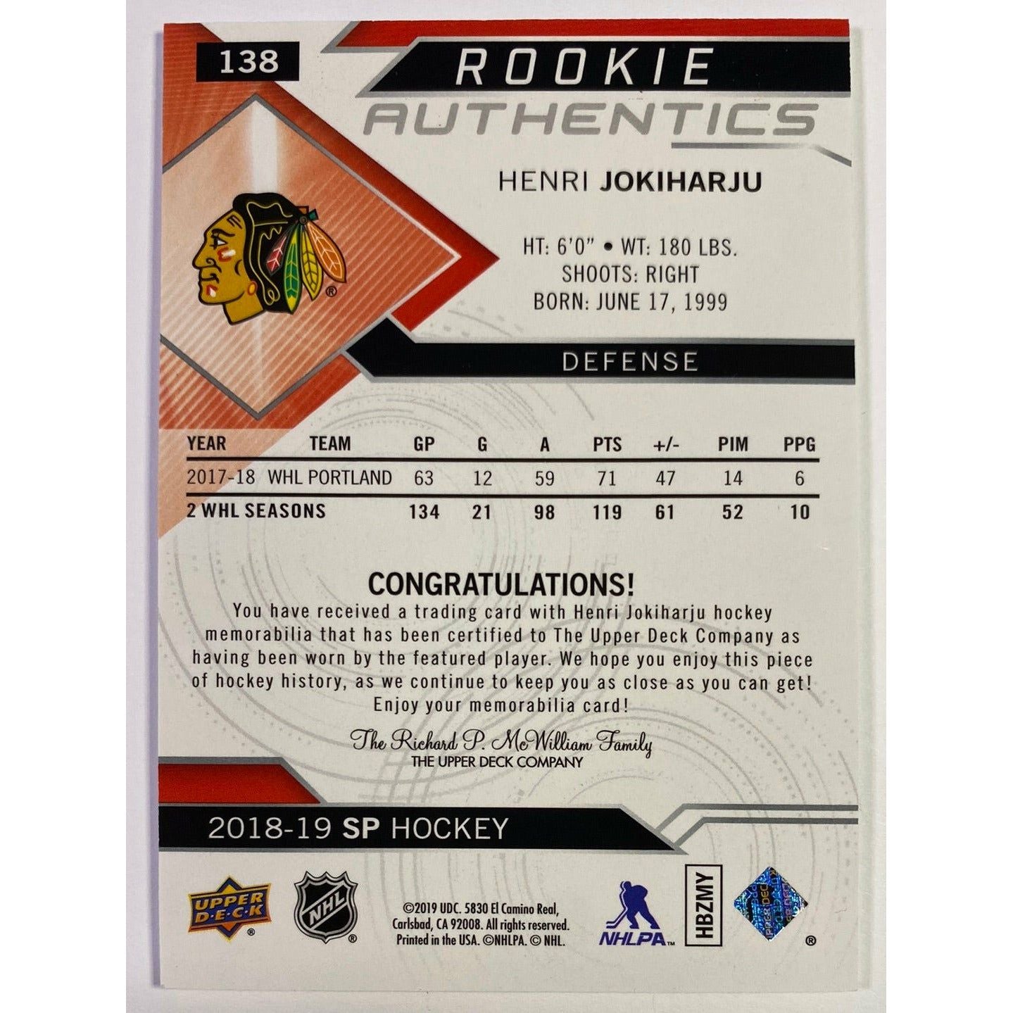 2018-19 SP Henri Jokiharju Rookie Authentics