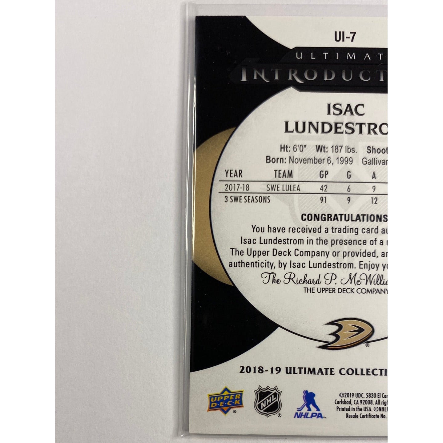 2018-19 Ultimate Collection Isac Lundestrom Ultimate Introductions Auto /10