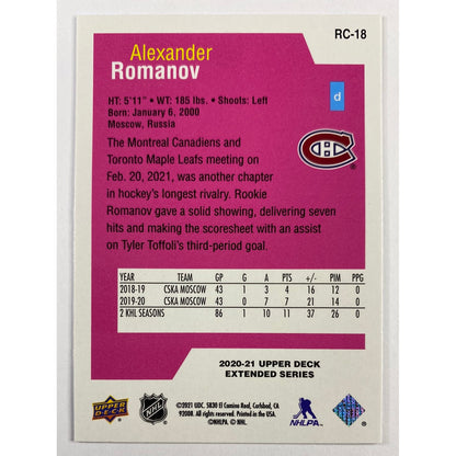 2020-21 Upper Deck Extended Series Alexander Romanov Special Edition RC