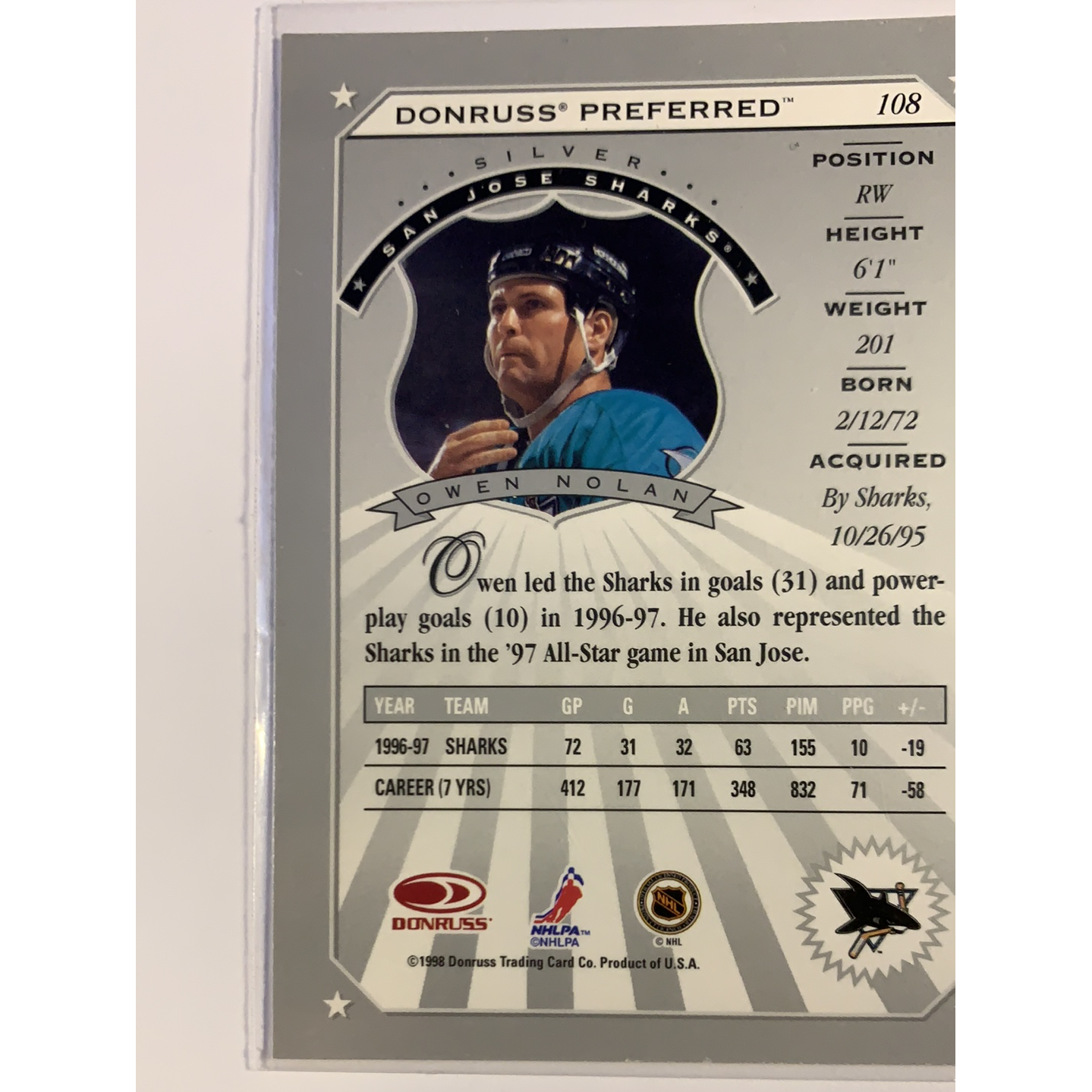  1997-98 Donruss Preferred Owen Nolan Silver  Local Legends Cards & Collectibles