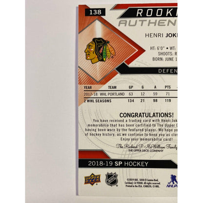 2018-19 SP Henri Jokiharju Rookie Authentics