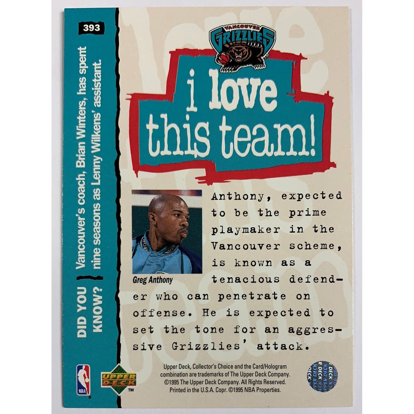 1995-96 Upper Deck Bears Take BC Greg Anthony-Local Legends Cards & Collectibles