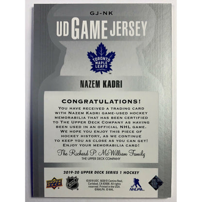 2019-20 Upper Deck Series 1 Nazem Kadri UD Game Jersey