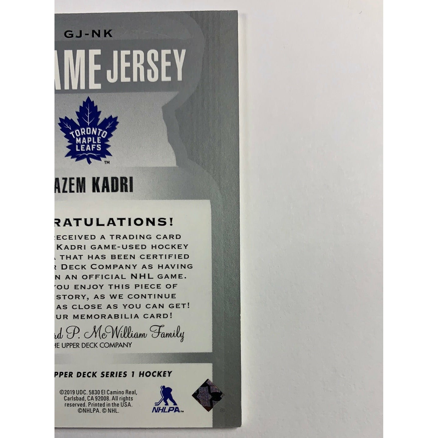 2019-20 Upper Deck Series 1 Nazem Kadri UD Game Jersey