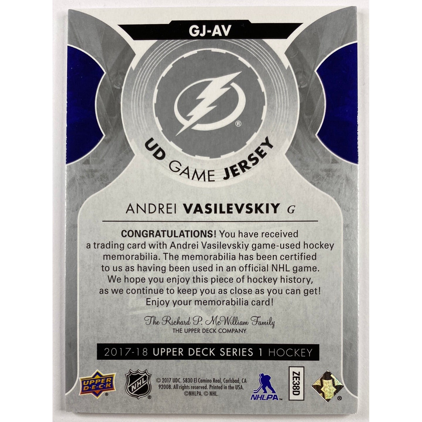 2017-18 Upper Deck Series 1 Andrei Vasilevskiy UD Game Jersey