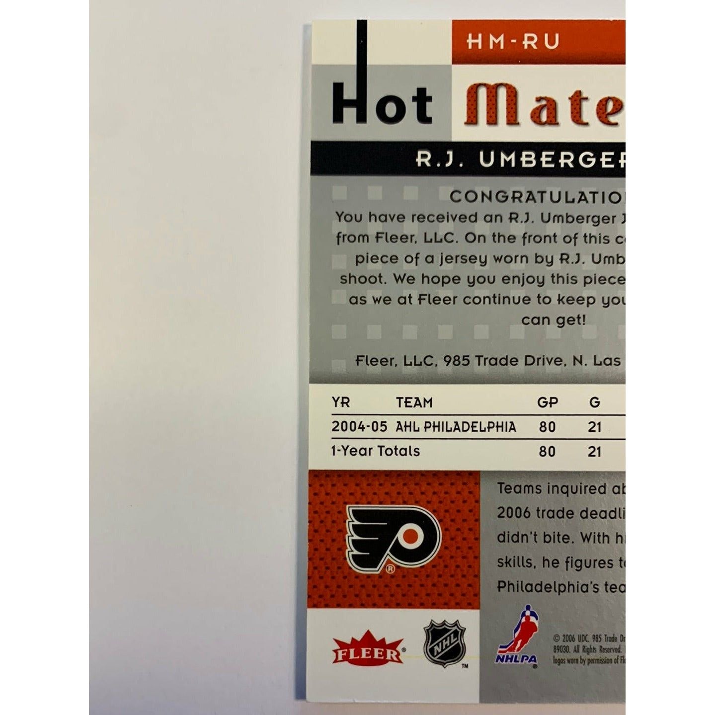 2005-06 Fleer RJ Umberger Hot Materials Hot Prospects Patch RC