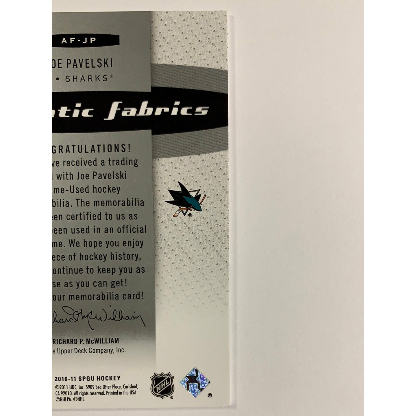 2010-11 SP Game Used Joe Pavelski Authentic Fabrics Patch