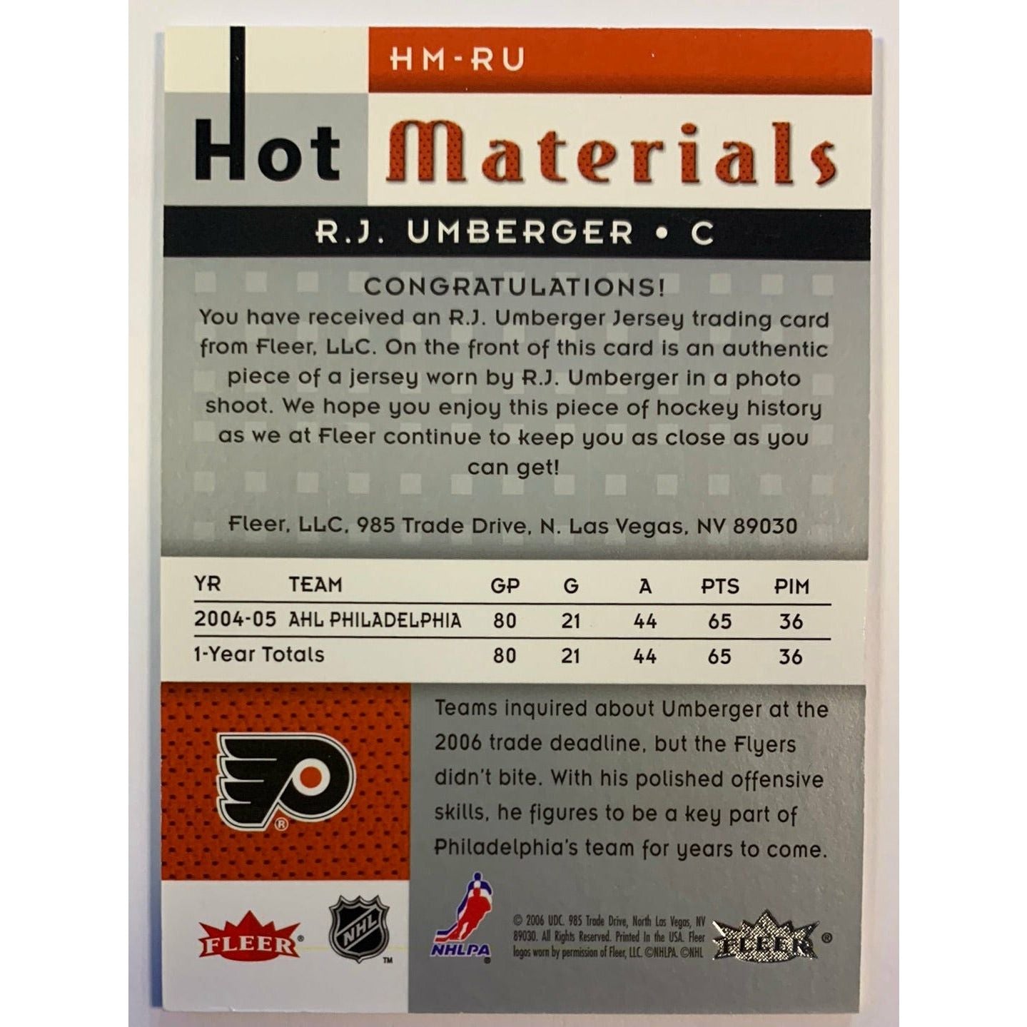 2005-06 Fleer RJ Umberger Hot Materials Hot Prospects Patch RC